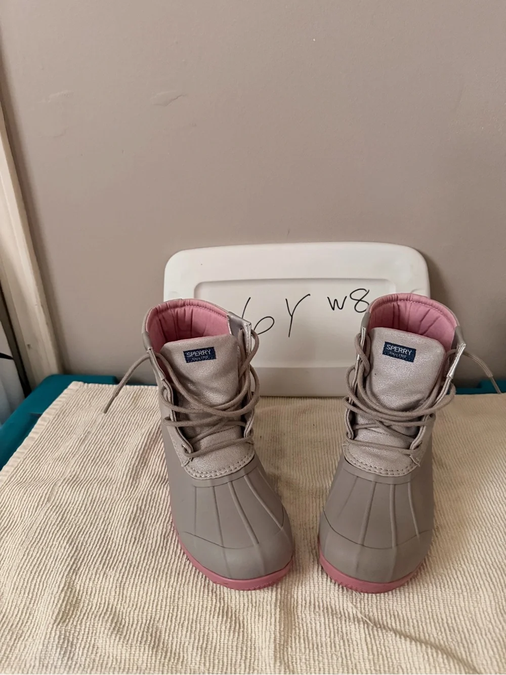 Sperry Kids Taupe Duck Boots with Pink Lining and Soles